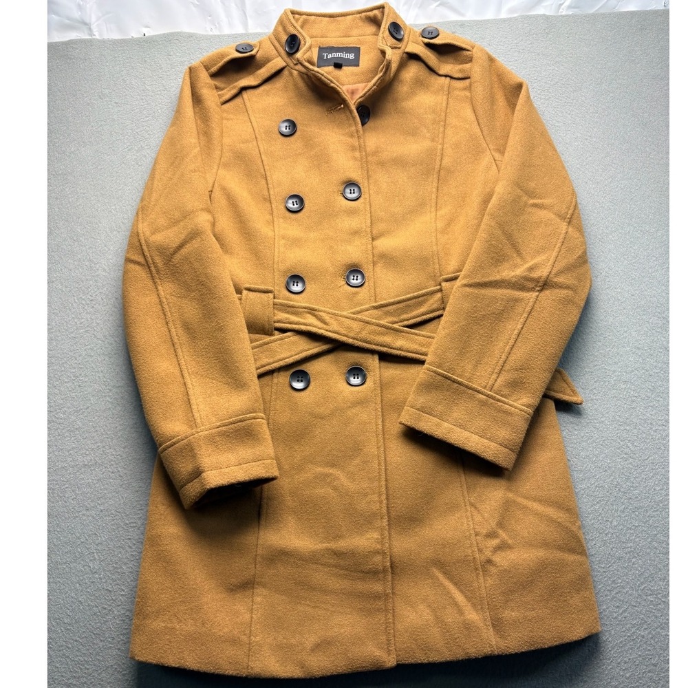 Tanming Double Breasted Wool Blend Pea Coat Women Small Yellow Belted Epaulettes